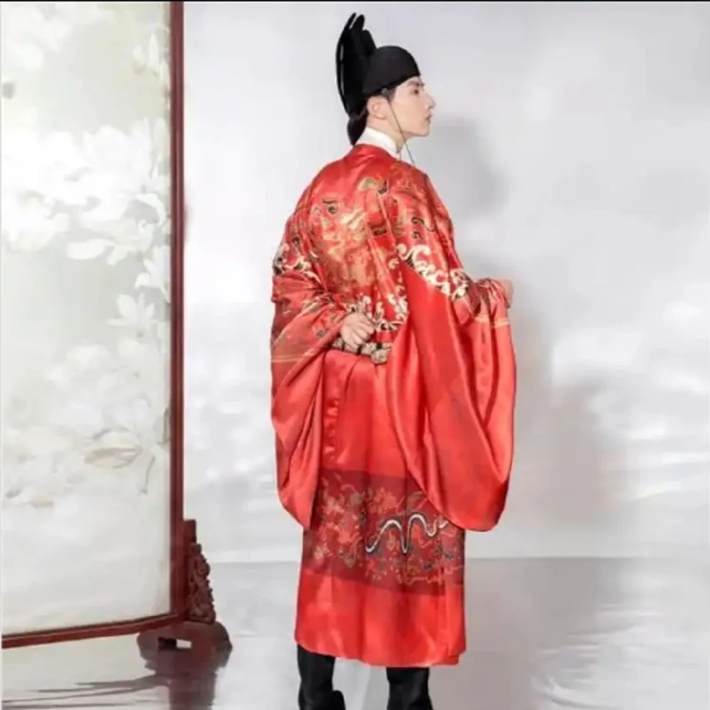 

Red male Hanfu traditional Chinese style high quality weaving gold Ming Dynasty round neck robe horse skirt summer daily cloth