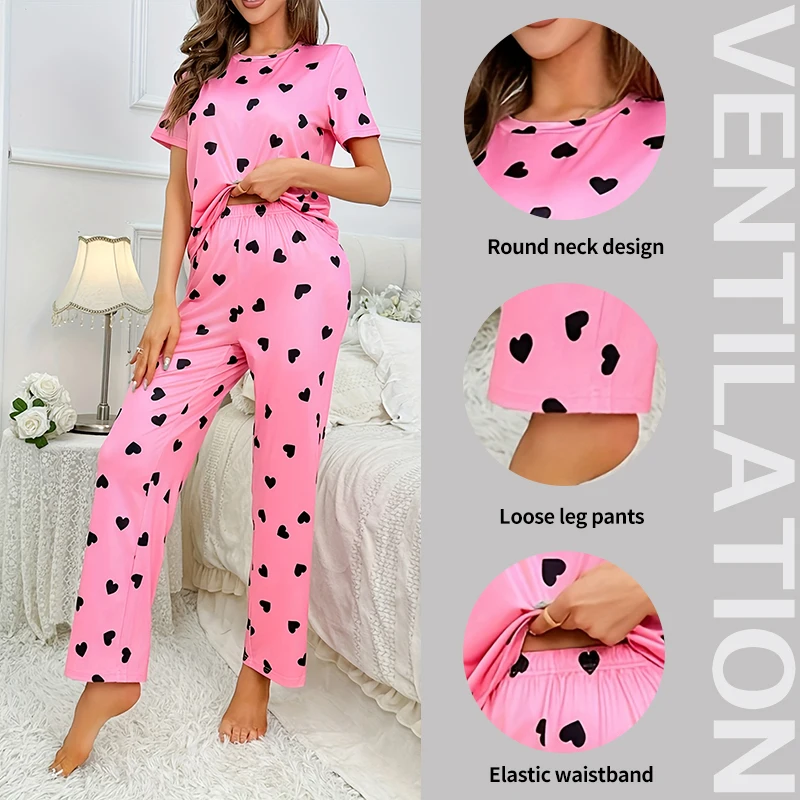 Two Piece Summer New Hot Selling Women\'s Home Leisure and Comfortable Pink Print Love Pajama Set