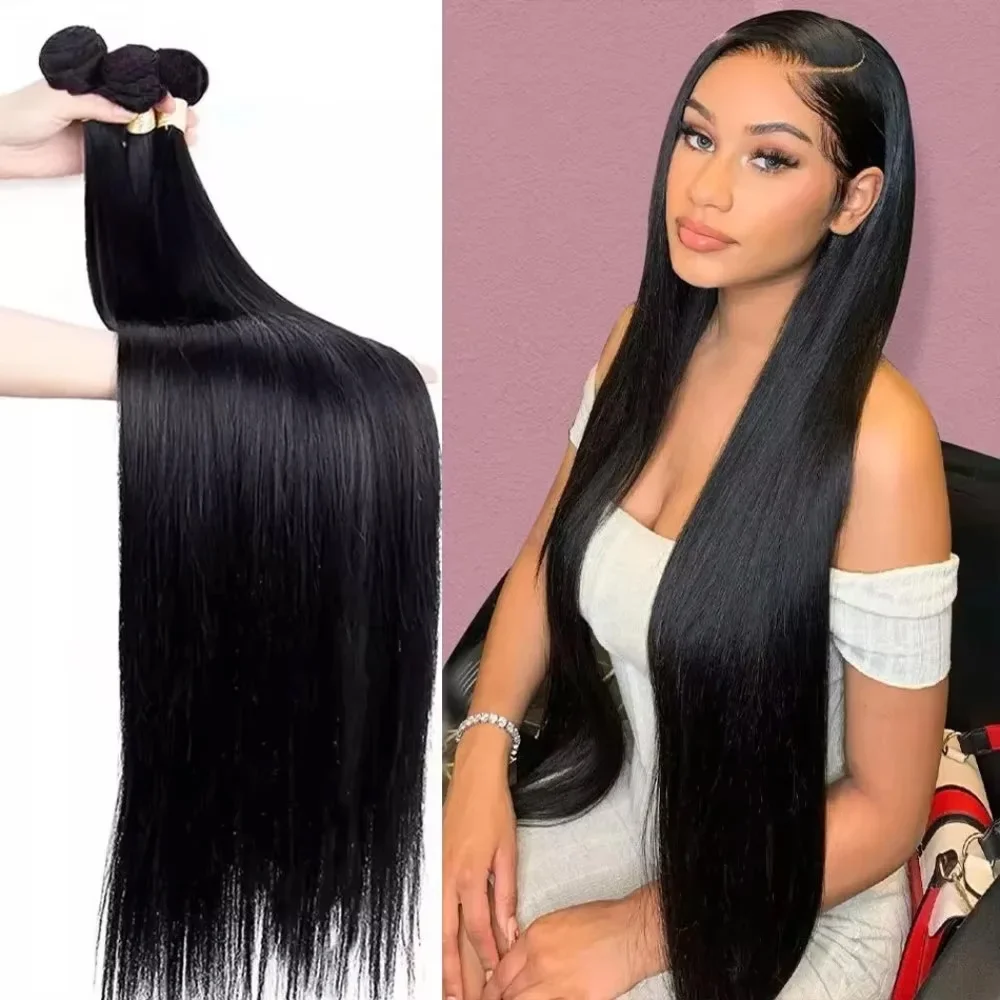 1/3/4 Pcs Bone Straight Human Hair Wig Bundles 30 40 Inch Long Extensions Remy Brazilian Hair Black Colored Human Hair For Women