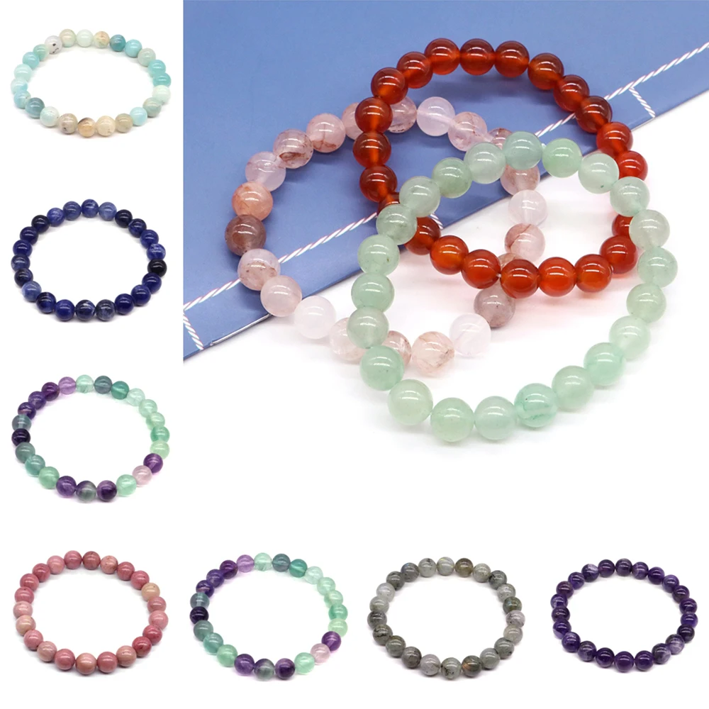 Natural Stone Beads Bracelet For Women Men Amethysts Crystal Quartzs Aquamarines Jades Jewelry Agates Elastic Bangle Bracelets