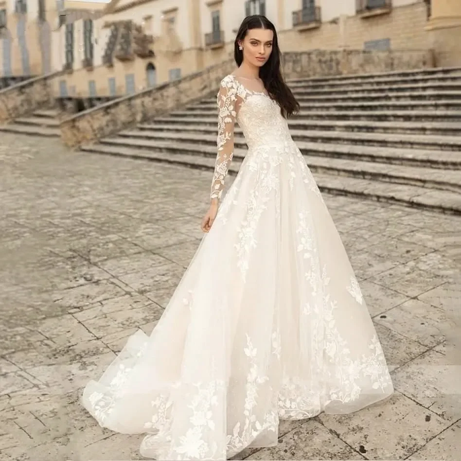 Mangas largas de encaje elegante una línea vestidos de novia Sheer Scoop Neck tul apliques tren de barrido vestidos de novia vestido de novia personalizado