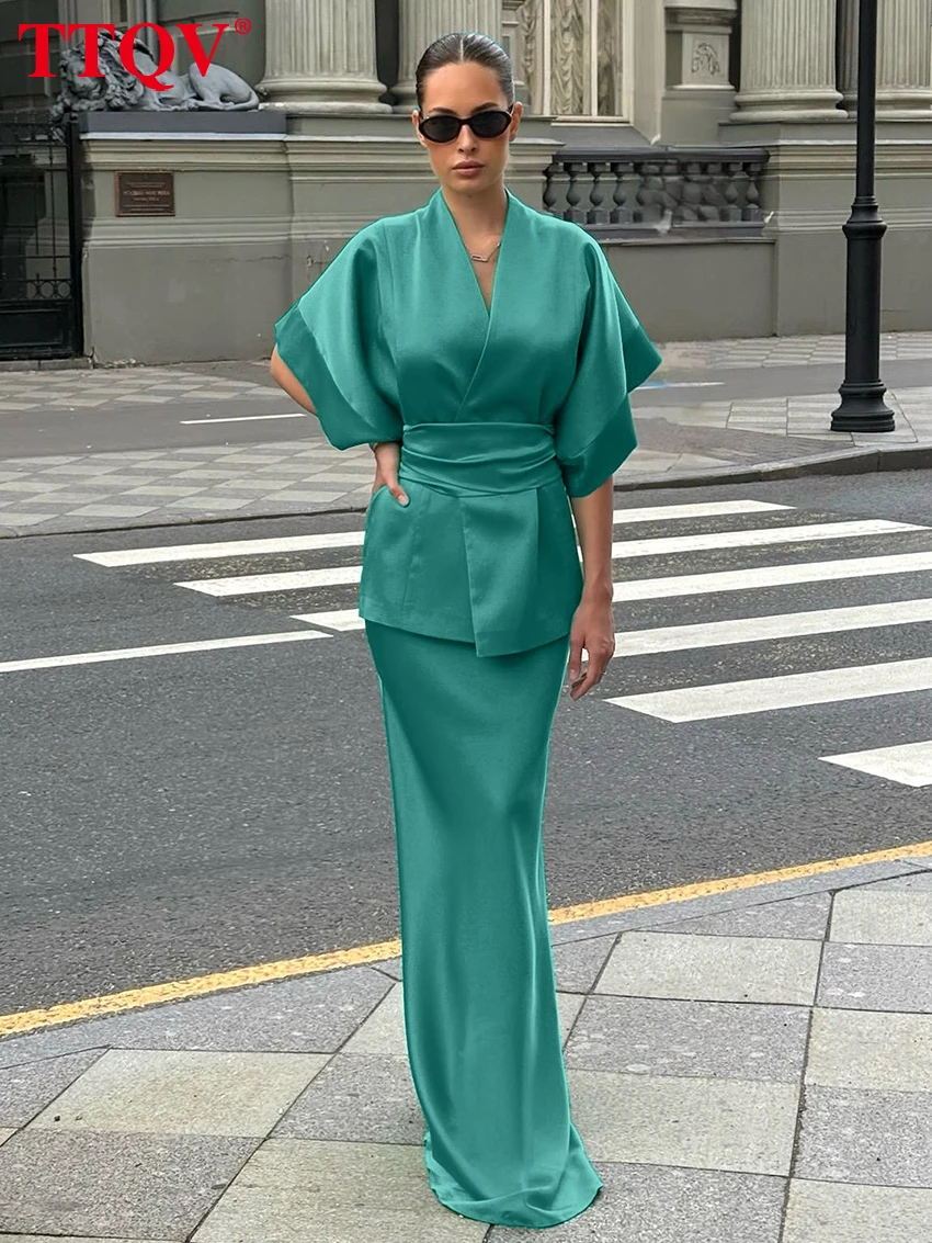

TTQV Summer Loose Green Satin 2 Piece Set Women 2026 Fashion Short Sleeve Shirt With High Waist Maxi Skirt Set Female Streetwear