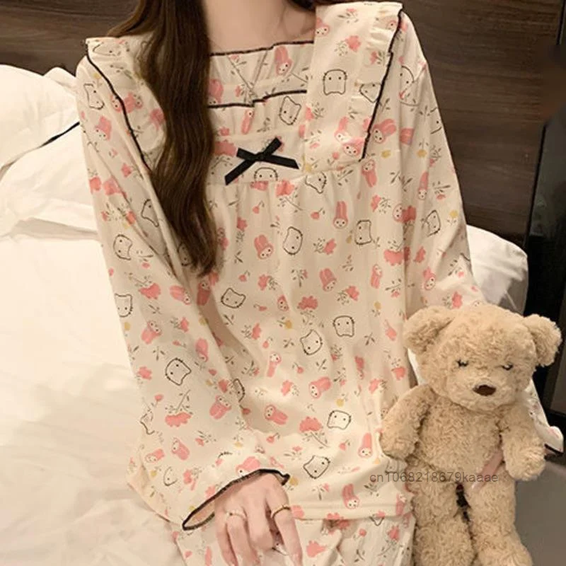 Sanrio Hello Kitty My Melody Cute Pajamas Niche Design Female Long Sleeved Sleepwear Sweet Soft Y2k Girl Harajuku Home Suit Set