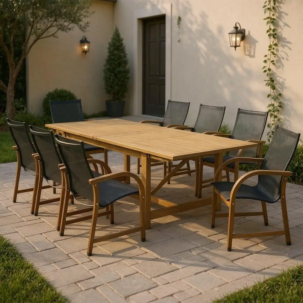 Franklin 9-Piece Rectangular Extendable Patio Dining Set Teak Finish and Weather-Net Technology Ideal for Outdoors and Indoors
