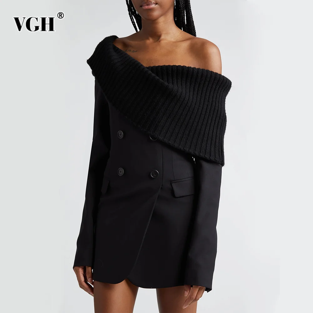 

VGH Minimalist Solid Blazers For Women Slash Neck Long Sleeve Backless Spliced Button Slimming Blazer Female Fashion Style New