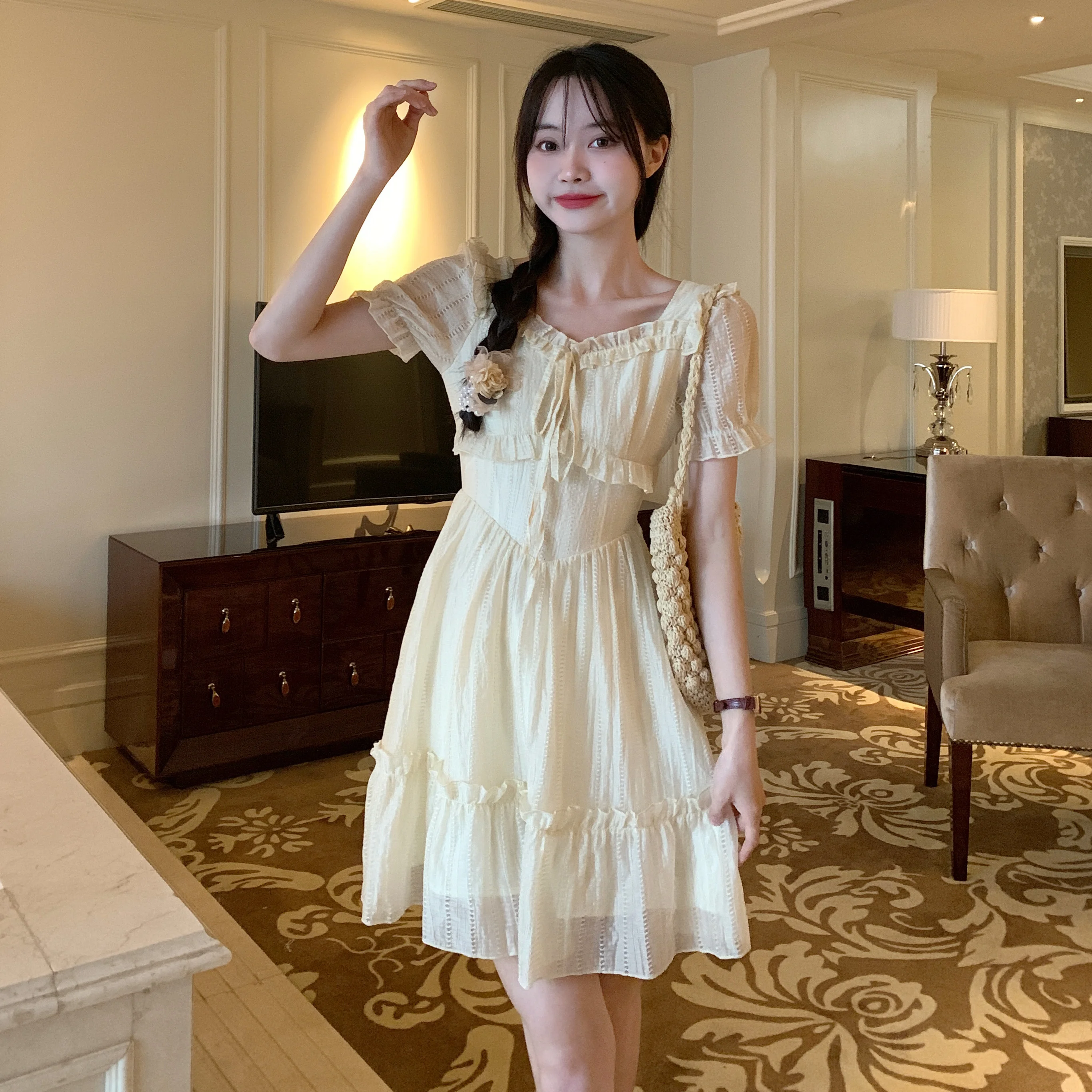 

plus Size Women's Summer Dr with Wood ain Bubble Sve Square Collar Slimming Waist ort A-Line Skirt Korean Sle