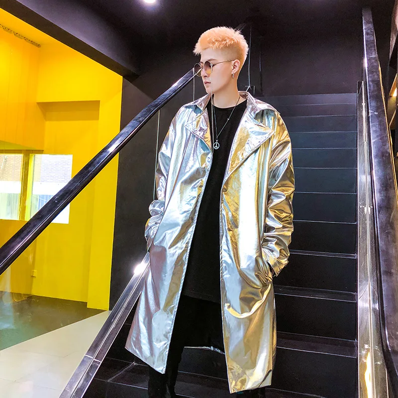 2023 Shiny Golden Silvery Punk Hip Hop Trench Coat Nightclub DJ