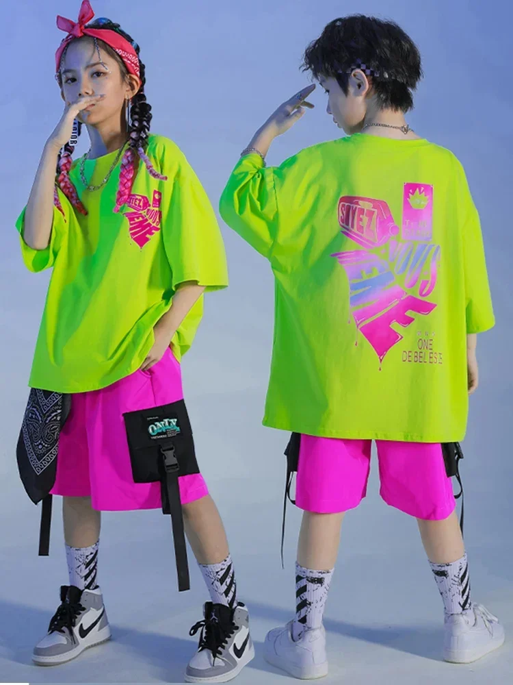 

Kids Kpop rave Outfits Hip Hop Clothing Green Tshirt Tops Summer Cargo Shorts Streetwear For Girl Boy Dance Costume Clothes