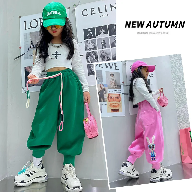 Girls Pants Spring Autumn Casual Pants Cotton Jogger Pants Cartoon Rabbits Design Children's sweatpants Elastic waist trousers
