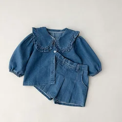 2024 Spring Girls Set denim cardigan pullover+short skirt set solid color girls casual fashion ruffled top+denim skirt set