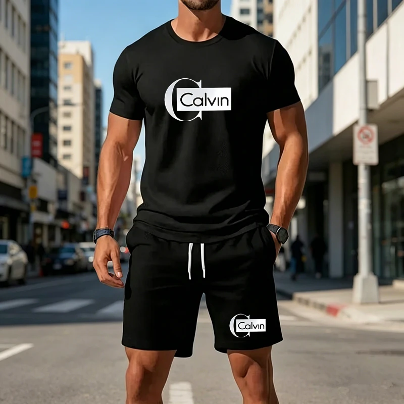 

Men's summer breathable Mesh Letter Geometric Print 2 Piece Outfit Men Casual Short Sleeve T Shirt And Shorts Set Streetwear