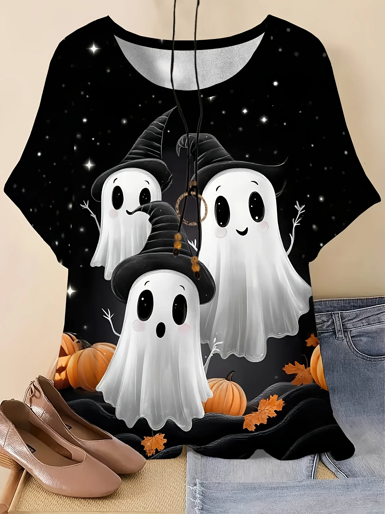 Women Crew Neck Short Sleeve T-shirt Cute Witch Ghost Pumpkin Starry Sky Print Halloween Casual Daily Top