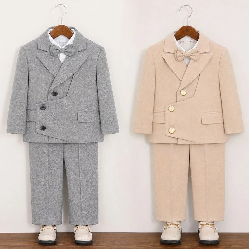 Boys Vintage Suit Set Wrinkle Resistant Blazer Trousers Bow Tie Kids Wedding Birthday Party Piano Recital Ceremony Outfit 2-12Y