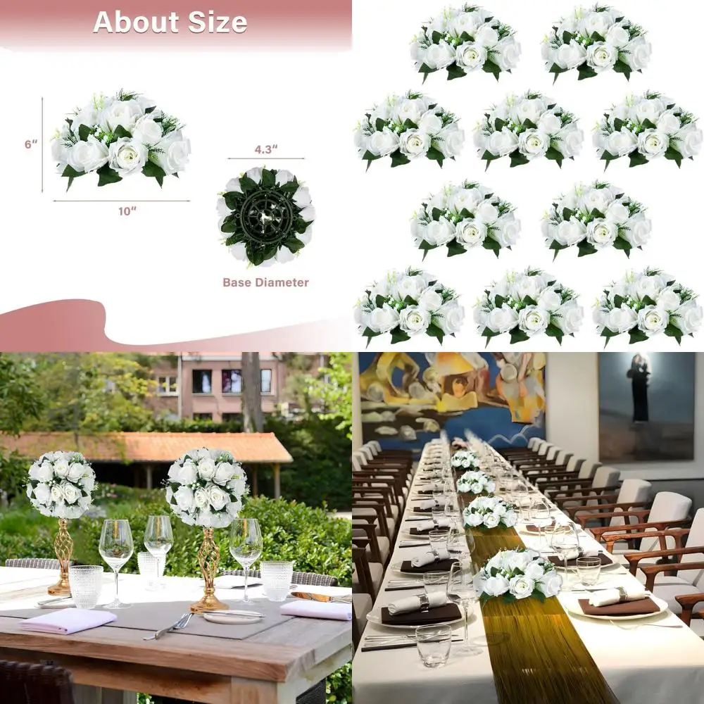 

Artificial Flowers Ball Wedding Centerpieces, 10" Large Pure White Flower Garland Center Piece, 10 Pcs Fake Flowers, 15 Heads Pl