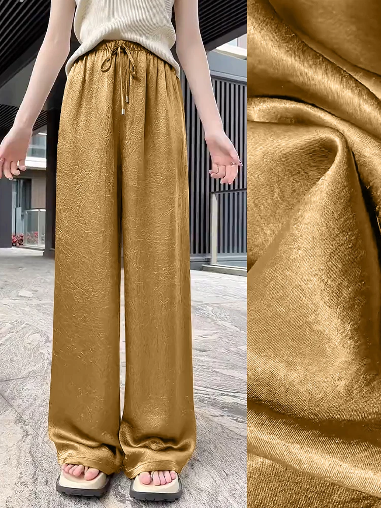 

High Waist Straight Leg Thin Acetate Wide Leg Pants Women's Summer Ice Silk Casual Floor Length Trousers Dream Wisdom Style