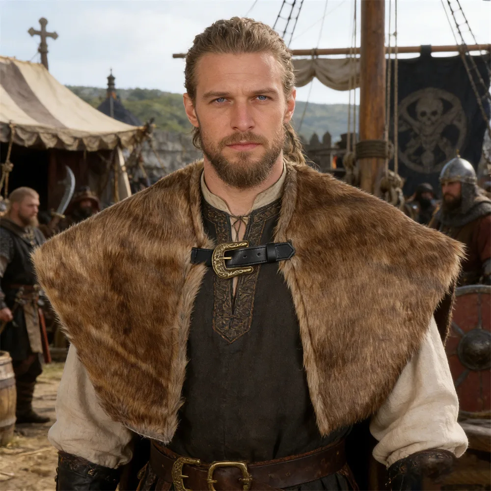 Medieval Artificial Fur Cloak Viking Cape with Belt Buckle