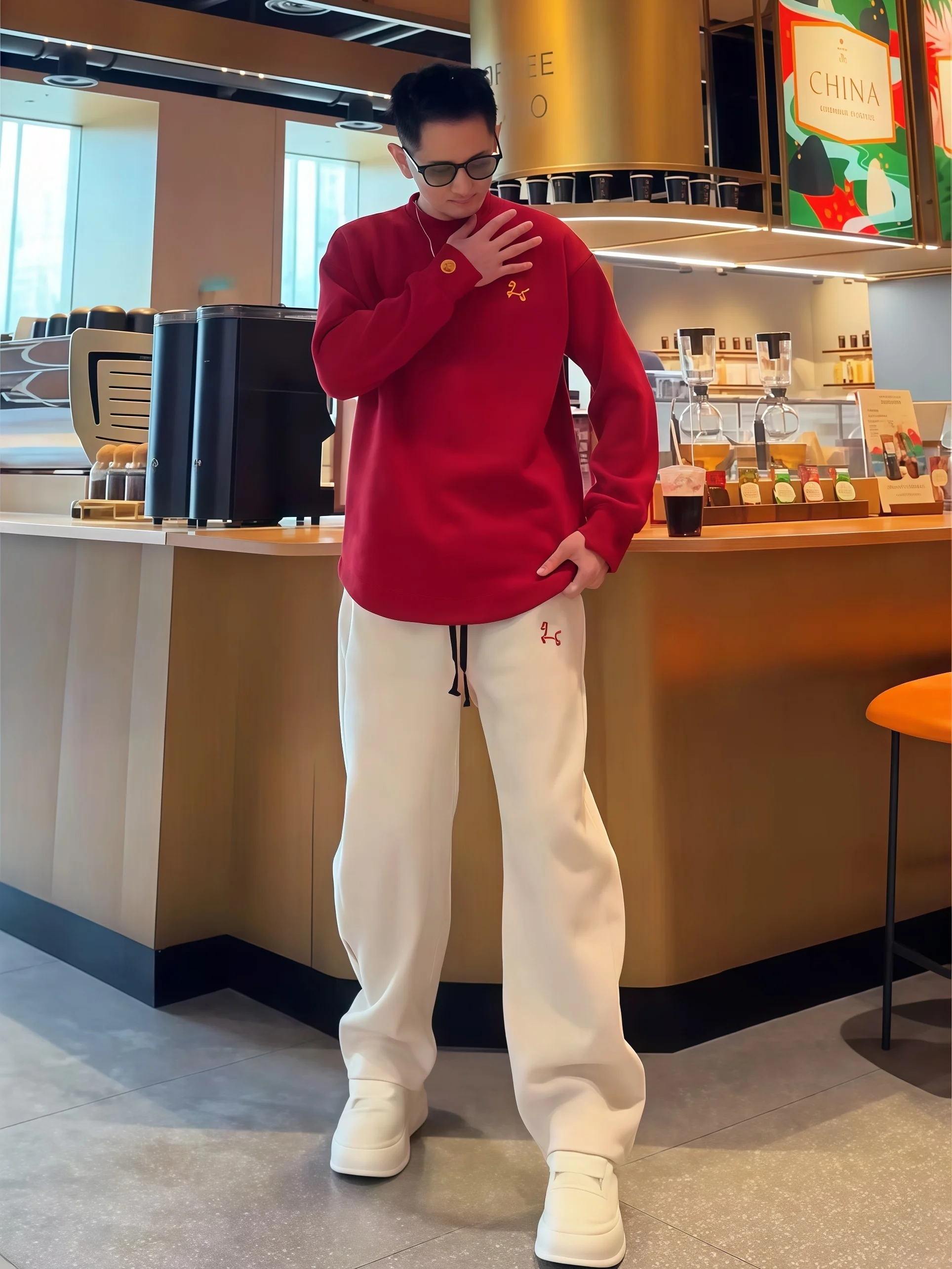 

Men's Winter Thiened Fce Lined Embroidered Casual Sports Set Sweatirt And Loose Fit Pants Two Piece Ensemble