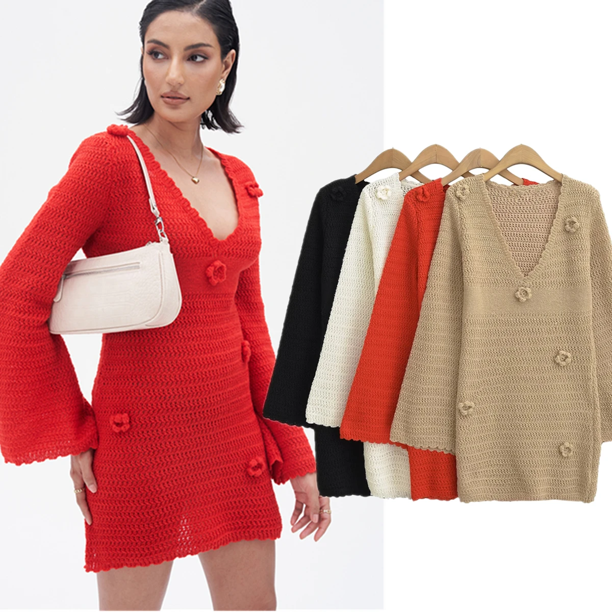 

Withered 2024 Minimalist Lace Flower Hollow Solid Color Texture V-neck Mini Flared Sleeve Winter Knitted Dress Women