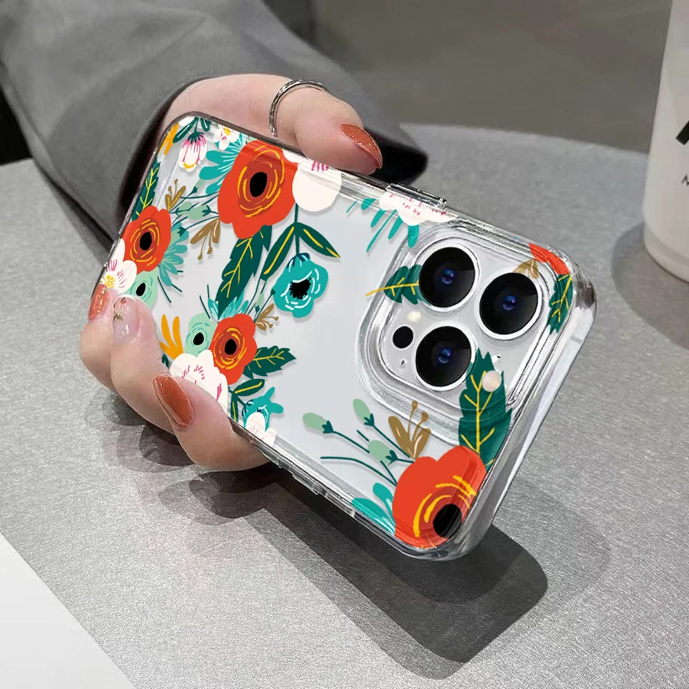 아이폰 15 17 Pro Max 16 13 11 14 Plus 12 17 Air 16E 17Promax 실리콘 충격 방지 투명 꽃무늬 폰 케이스