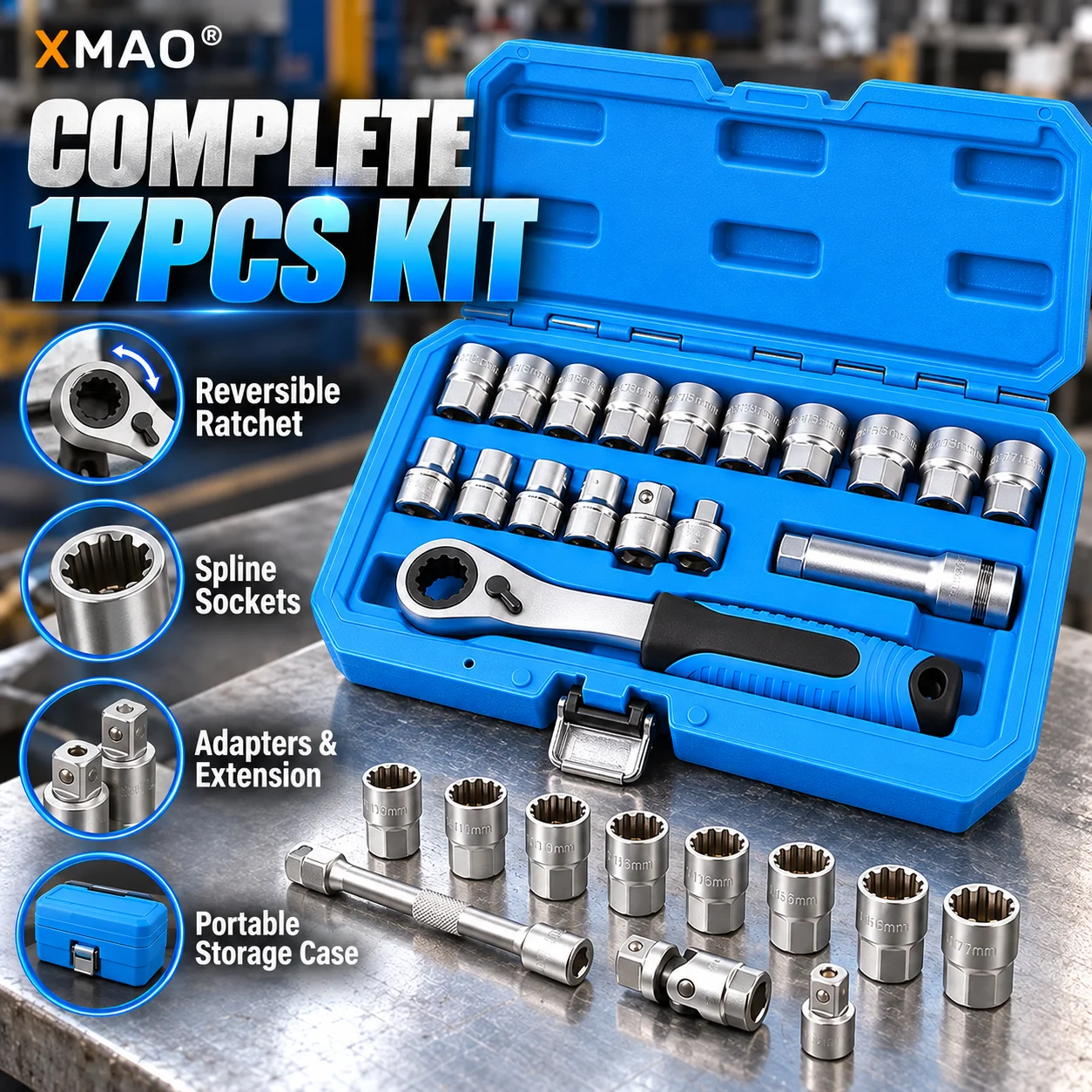17PCS Reversible Pass Through Ratchet Socket Set 12 Point Spline Wrench Kit for Long Studs Bolts Auto Repair Hand Tools Set