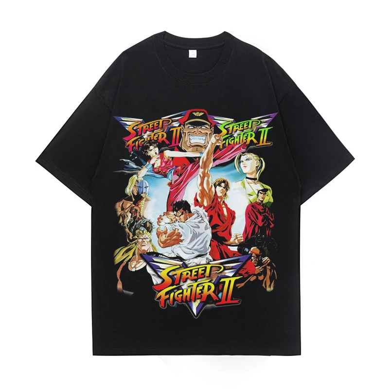 Harajuku Vintage Washed Tshirt Street Fighter II Graphic T-Shirt Men And Women O-Neck Cotton Short Sleeve Oversized Streetwear