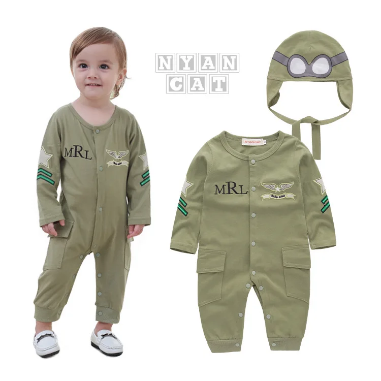 Newborn Baby Clothes Long Sleeve Rompers Infant Airplane Pilot Costume Military Green Hooded Jumpsuit Winter Newborn 2pcs Outfit