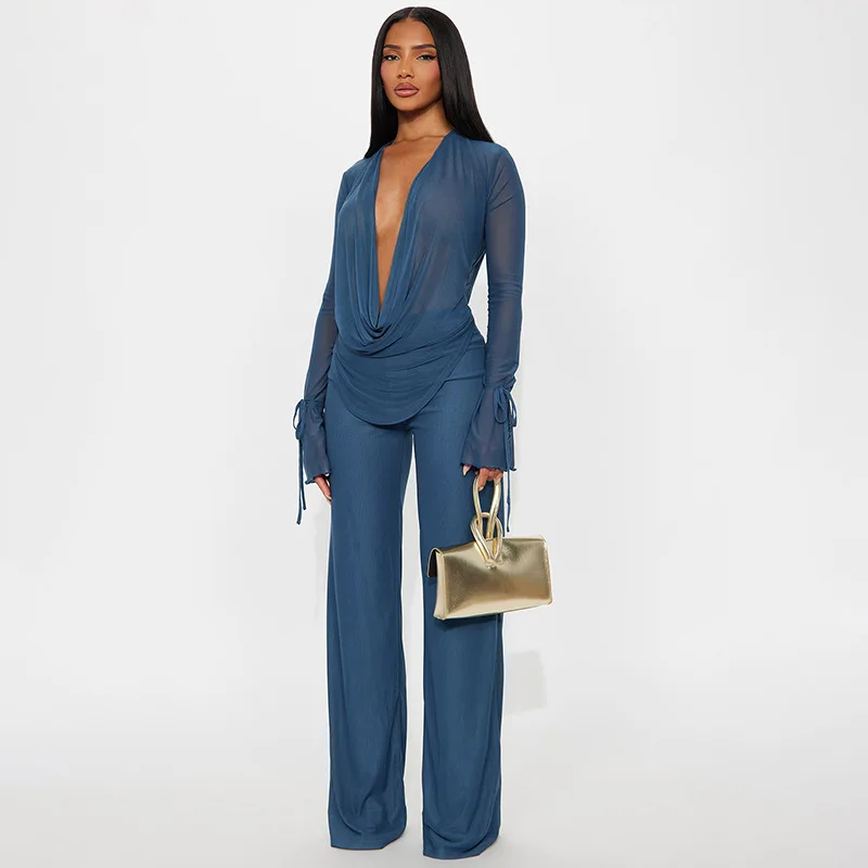 Women Sexy See Through Mesh 2 Piece Set Swinging Collar Long Sleeve Asymmetrical Blouses Tops + Flare Pants Party Clubwear Suits