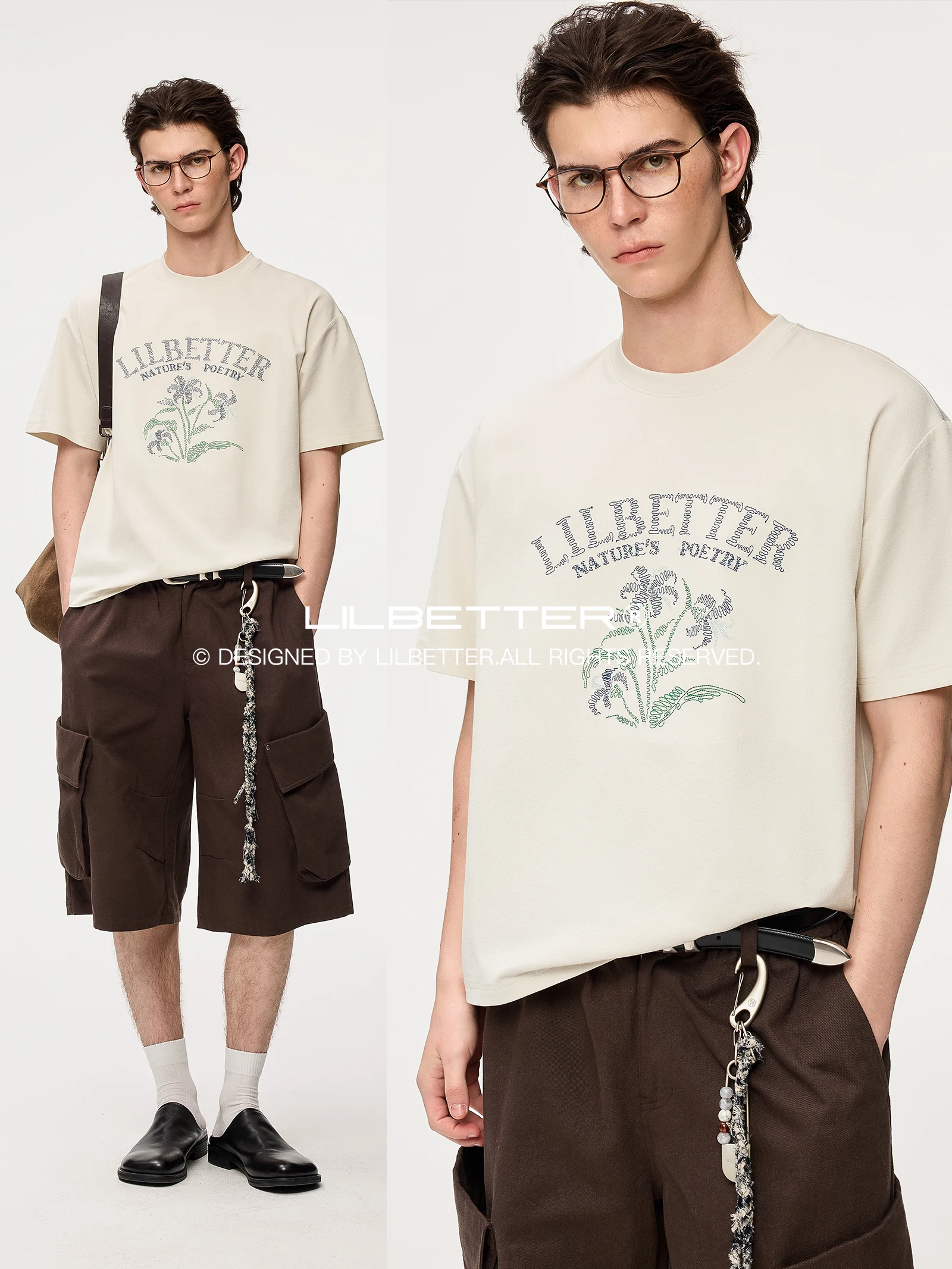 Lilbetter Hand-Drawn Plant Embroidery Short Sleeve T-Shirt Men's Loose Breathable Texture Embroidery Cotton Polyester Blend S...