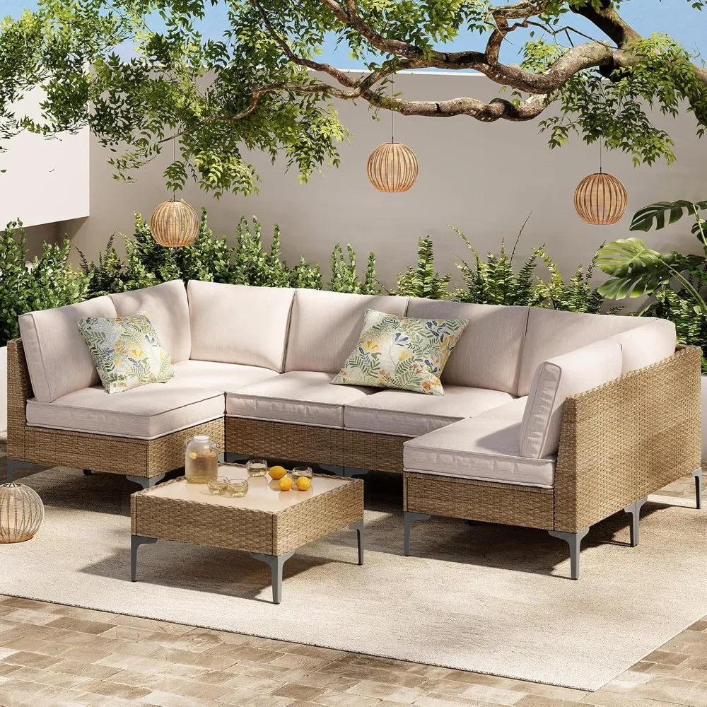 

Garden Furniture Set,Outdoor Wicker Sectional Sofa with Coffee Table, Anti-Slip Thick All-Weather Cushions Sunroom Backyard