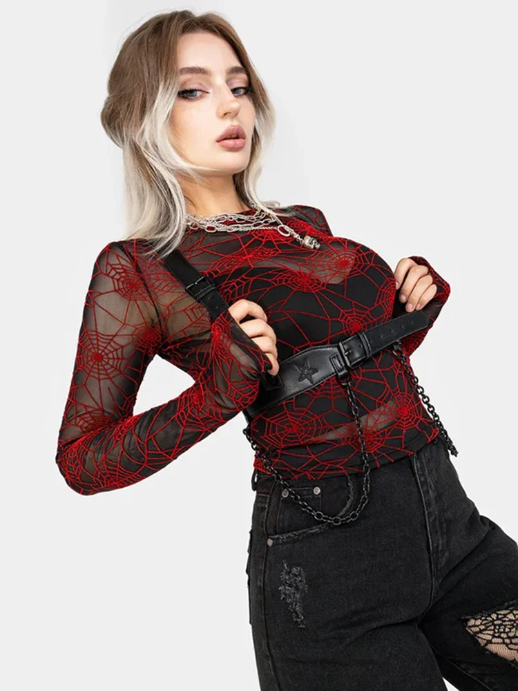 AltGoth Mall Goth Red Spider Web T-shirt Women Streetwear Cyber Punk See Through Mesh Crop Tee Tops Halloween Y2k Indie Clothes