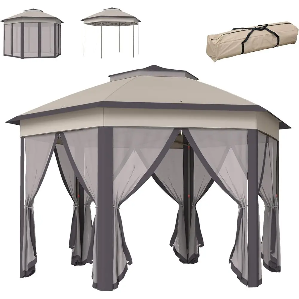 13' x 13' Hexagonal Gazebo Shelter Coffee and Beige | 6 Zippered Mesh Netting, Event Tent, Strong Steel Frame, Patio Backyard Ga