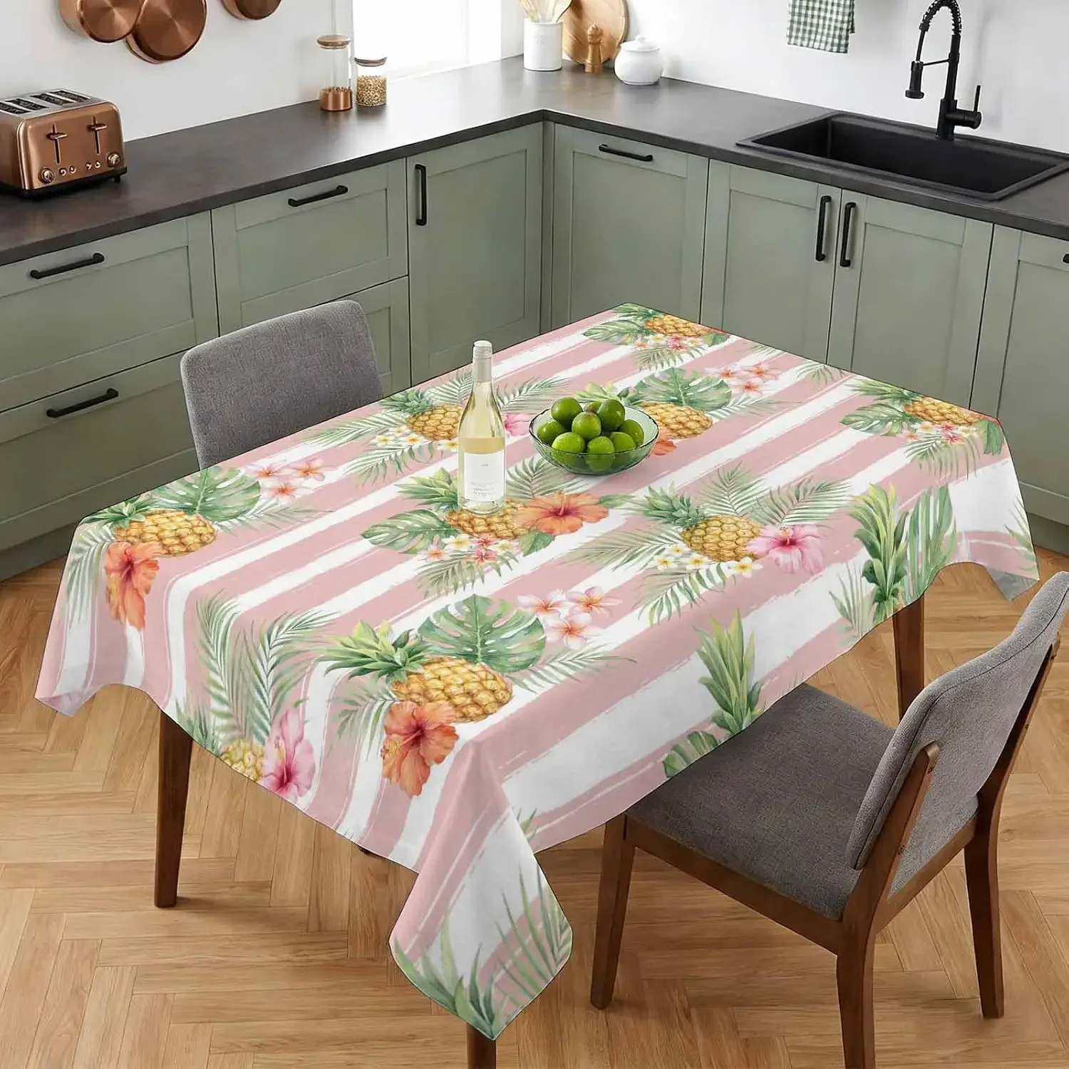 1Pc Tropical Pineapple Floral Striped Tablecloth Pink Green Fruit Pattern Table Cover For Kitchen Dining Party Decor f
