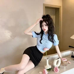 V Neck Women's Shirt and Blouse Button Up Crop Female Tops M Tall New 2024 Fashion High Quality Sale of Elegant Youthful Xl Cute