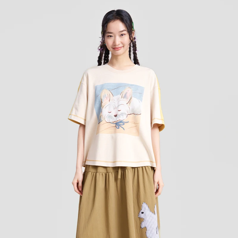 MOVEUP Women's Short Sleeve T-Shirt 2026 Spring Printing Front Back Contrasting Color Tops Crew Neck Casual Loose Tees 3ELC10540