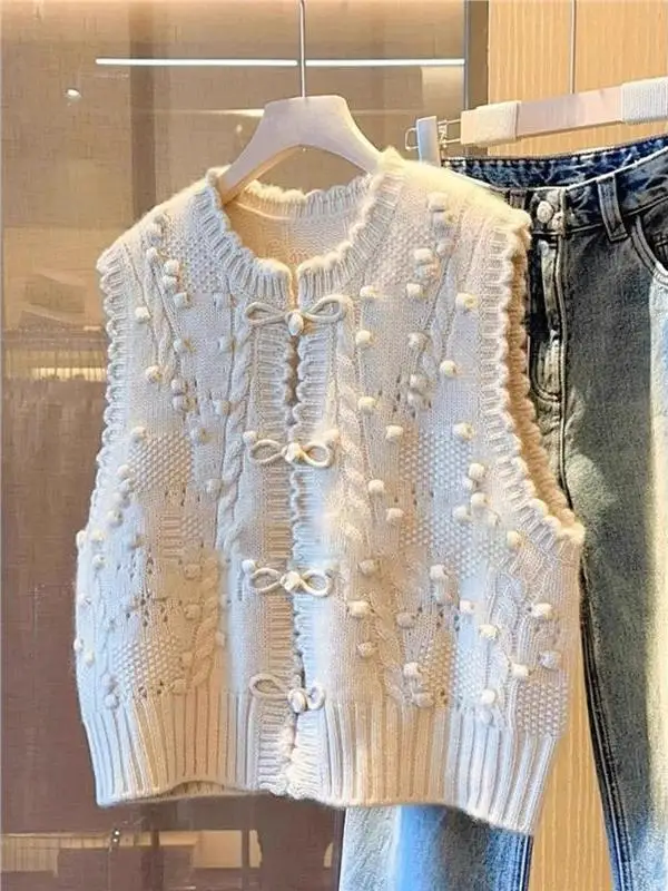 New Chinese Style Old Money Knitted Sweater Vest Women's Fashion Outerwear Autumn Winter Elegant Small Fragrance Style Vest