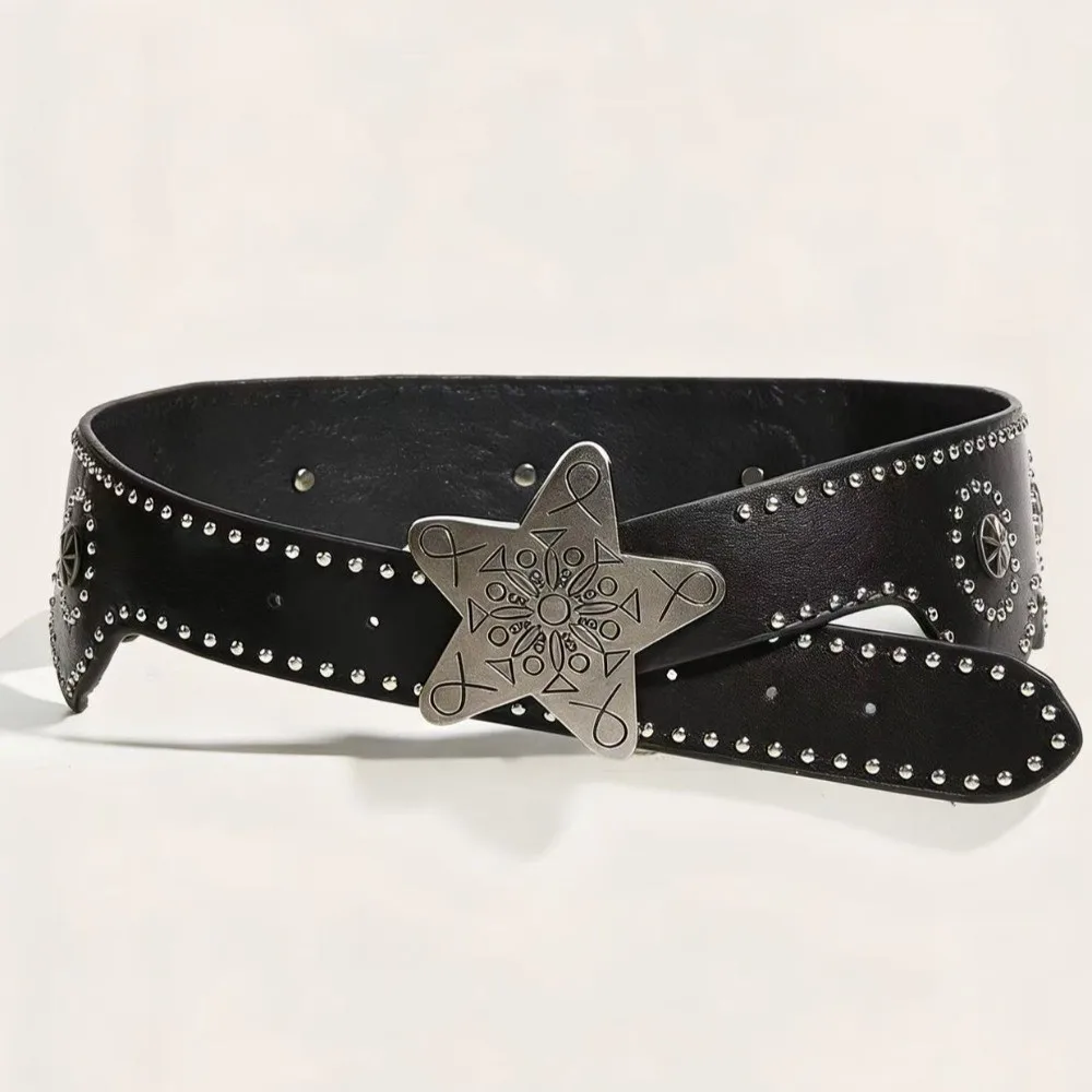 Multifunctional Star Buckle Belt PU Leather Solid Color Wide Waistband Five-Pointed Star Buckle Adjustable Waist Chain