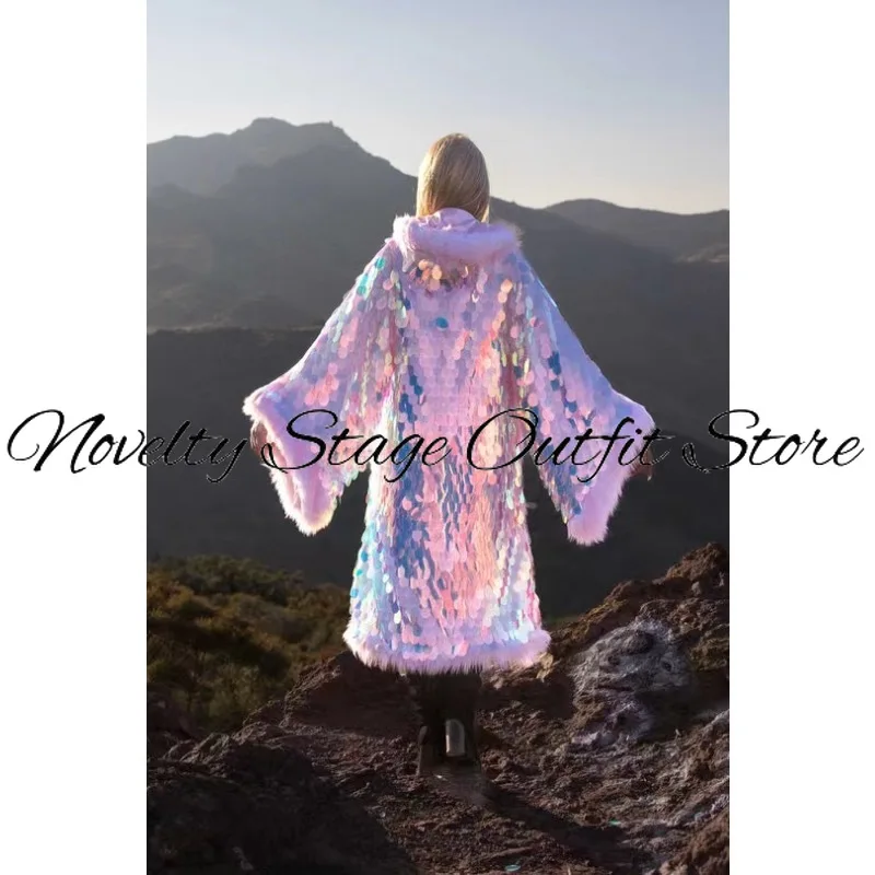 Carnival Pink Sequins LED Costume Women Party Luminous Long Coat Light Up Jacket Rave Outfit Halloween Nightclub Clothes Cosplay