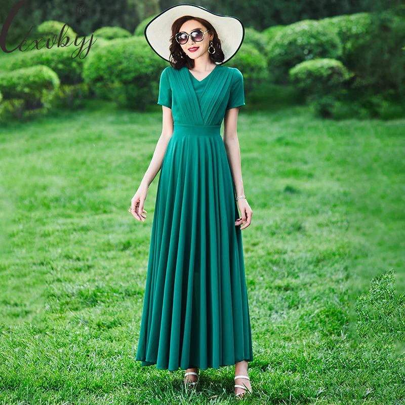 

Women Casual Beach Dress 2023 Summer Fashion Solid Colors V-Neck Chiffon Dress Plus Size 4XL Loose Short Sleeve Boho Long Dress