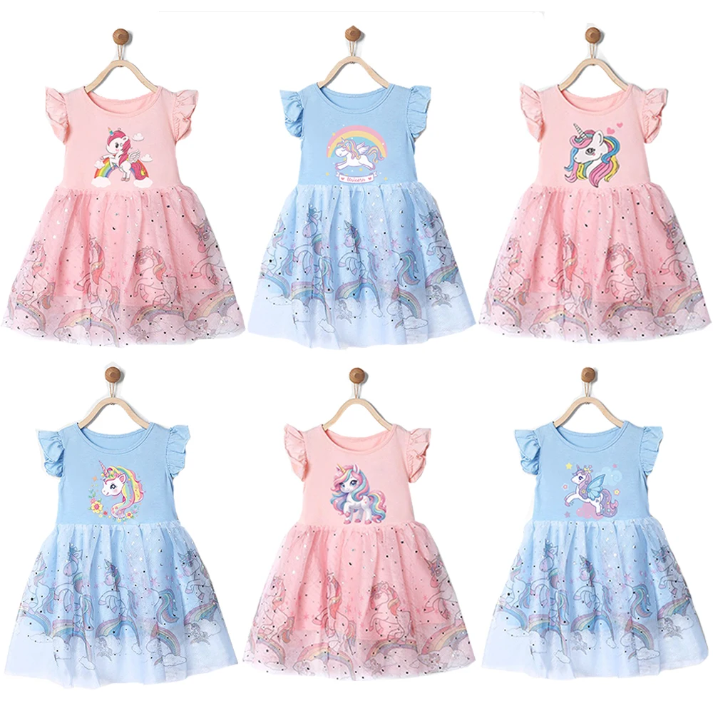 

2025 Summer New Dress Girls Dress 3-8 Years Old Girls Licorne Cartoon Dress Kids Birthday Party Princess Ceremonial Dress
