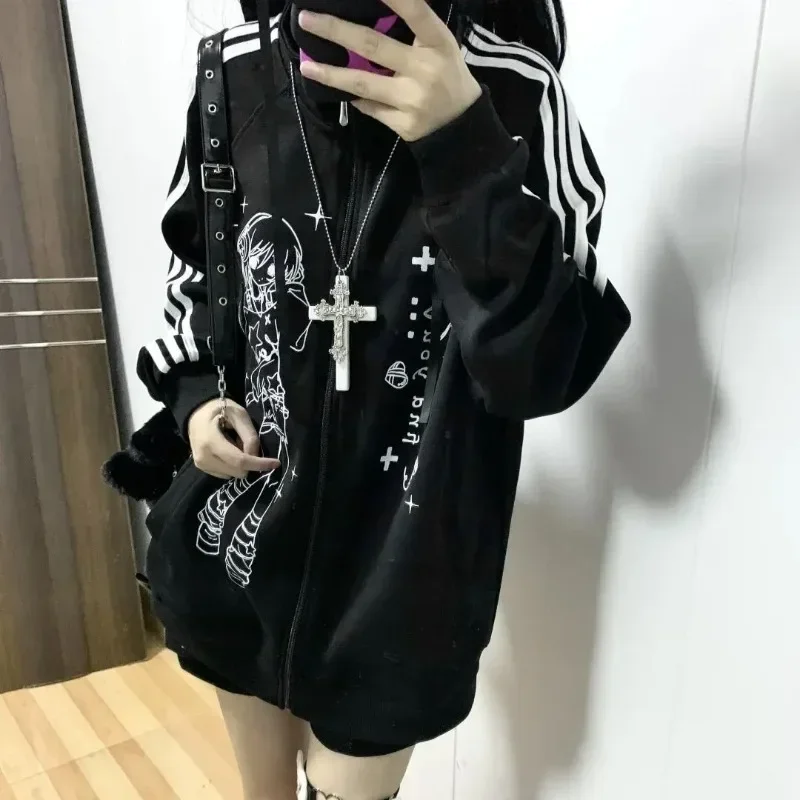 New Punk Harajuku American Vintage Cute Print Hoodies Japanese Fashion Loose Y2k Aesthetic Sweatshirts Autumn All Match Clothes