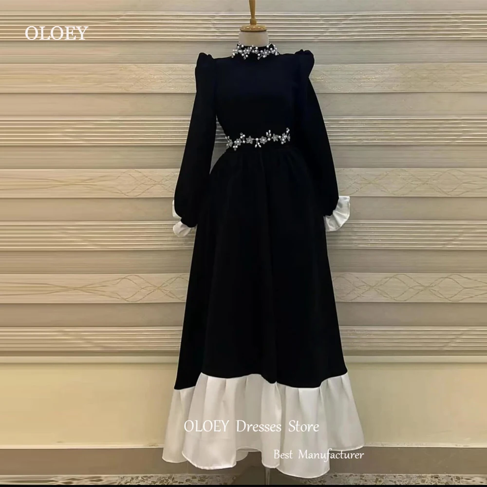 

OLOEY Modest High Neck Muslim Arabic Women Evening Dresses Long Sleeves Pearls Floor Length Formal Occasion Gowns Prom Dress