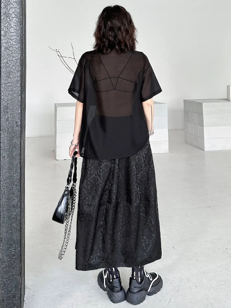 [EAM] Black Shirt Big Size Half-body Skirt Two Pieces Suit New Lapel Short Sleeve Women Fashion Tide Spring Autumn 2024  1DH5252