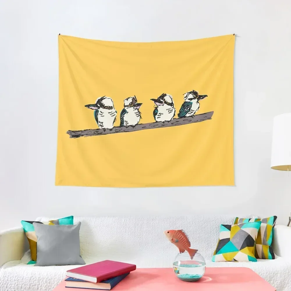 Group of 4 kookaburras on a branch - yellow Tapestry Home Decoration Accessories Decoration Pictures Room Wall Tapestry