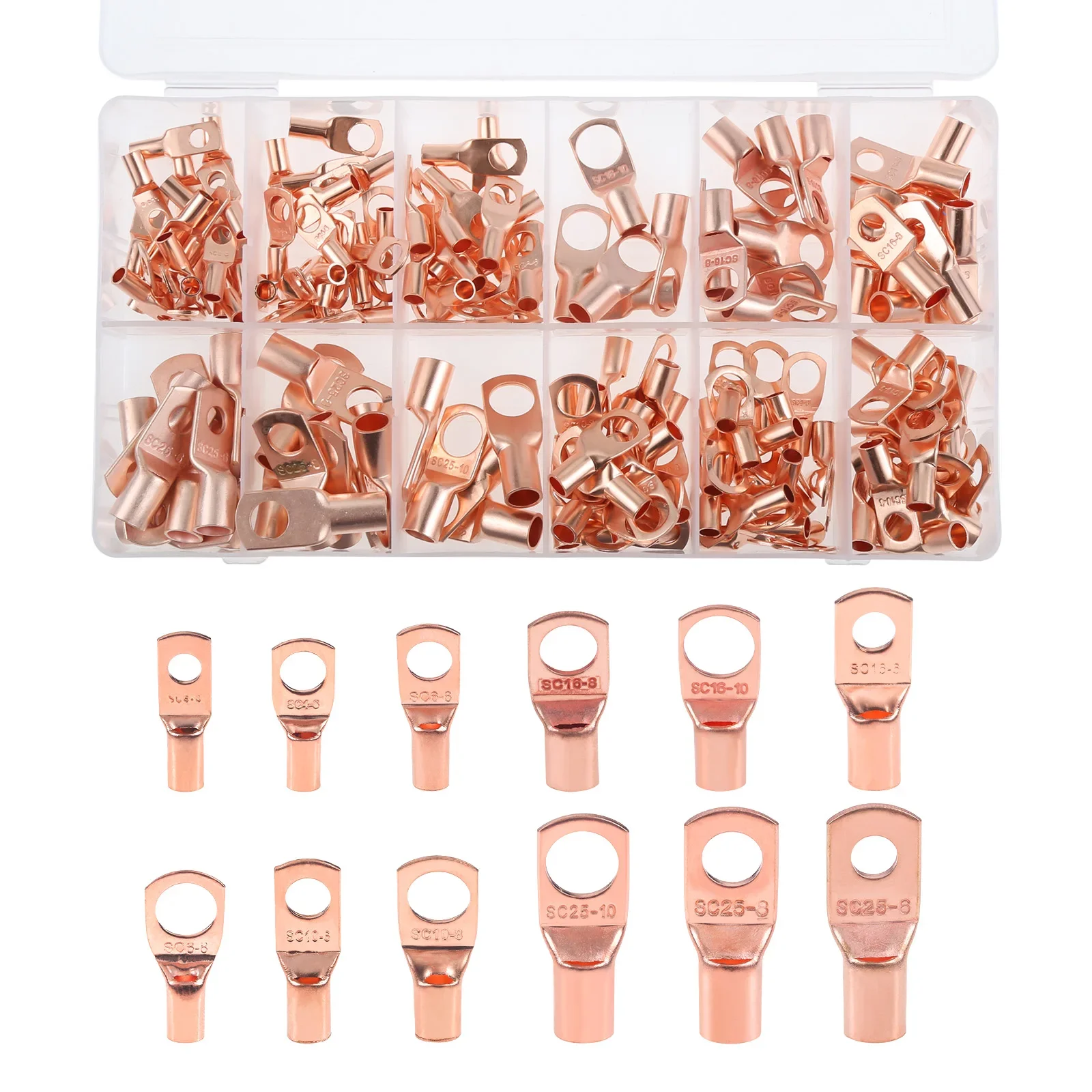 170Pcs Copper Battery Wire Lugs Eyelets Tubular Ring Terminal Connectors SC Terminals,Battery Cable Ends Assortment Kit AWG 4-12