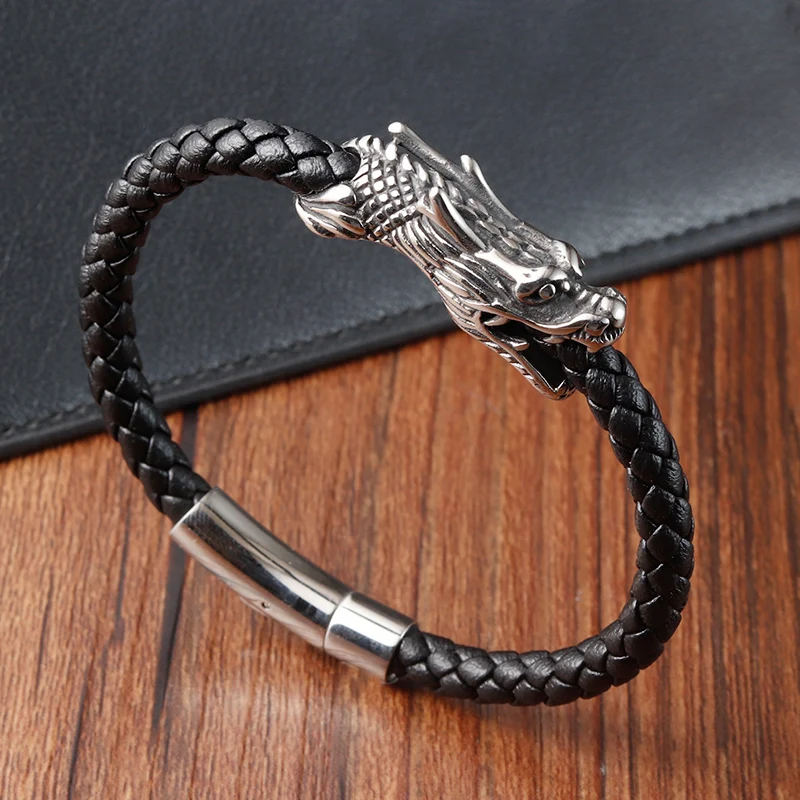 Men Jewelry 21CM Retro Chinese Symbol Dragon Pattern Genuine Leather Bracelet with Magnet Clasp for Birthday Party Gift