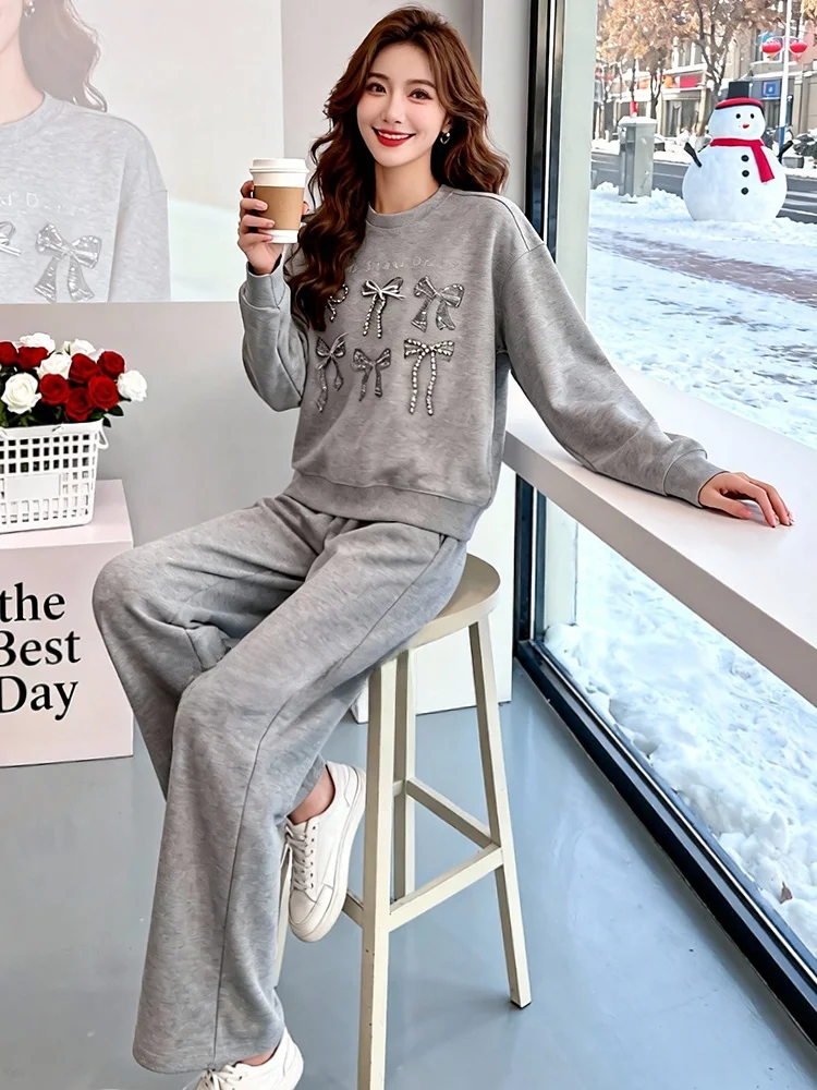 Thickened Fleece Casual Sportswear Set Women's Spring New Style Youthful Grey Sweatshirt Wide Leg Pants Two Piece Set view 2