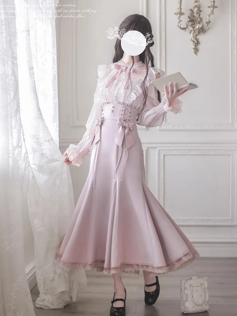 Japanese Rojita Mini Series SC Pink And White Blouse Mass-Produced Elegant Mermaid Skirt Long Sleeves Single-breasted Shirt Girl