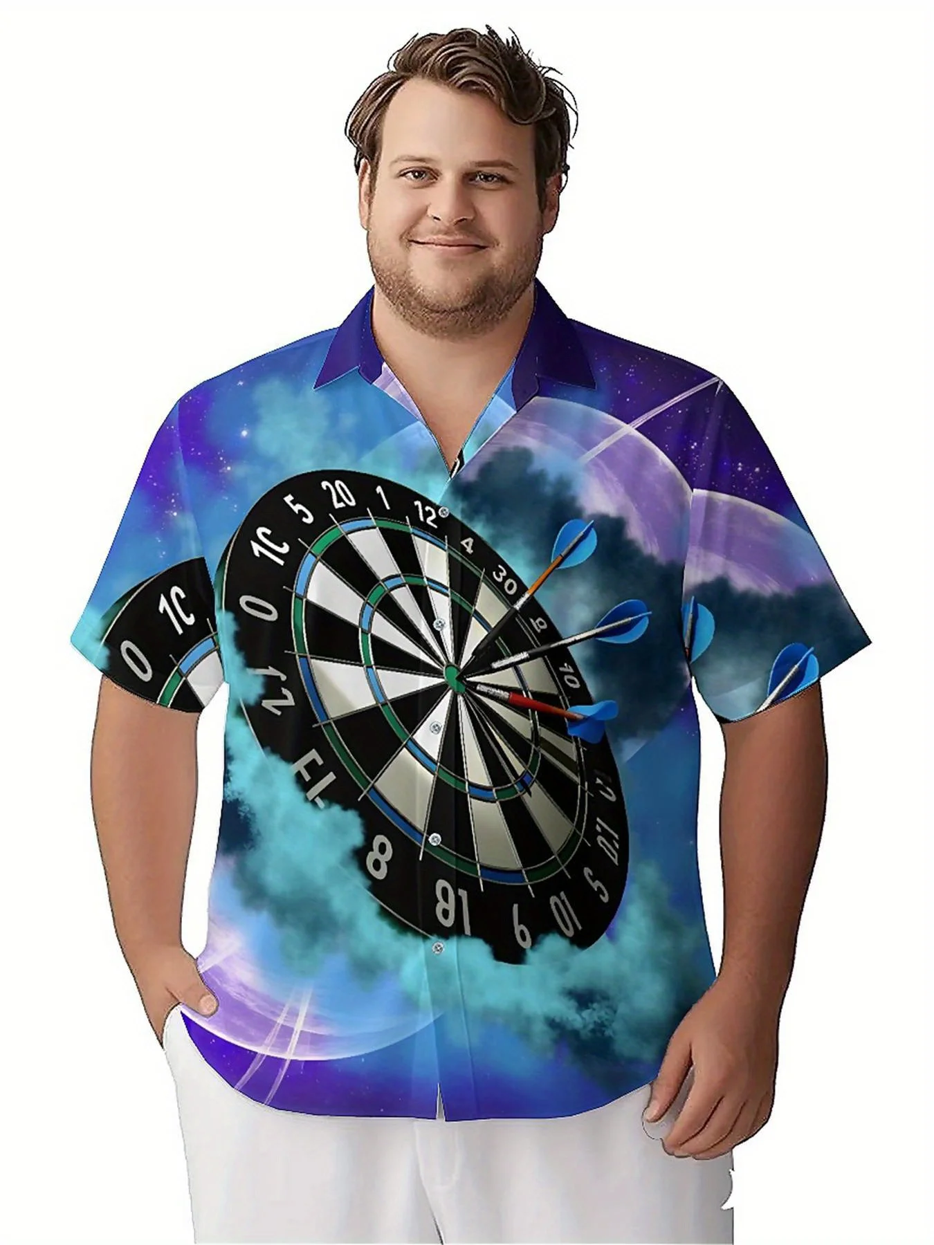 Men's Plus Size Hawaiian Shirts Space Theme Darts Game pattern, Button Up Shirts, Unisex Casual Clothing, Summer Tops