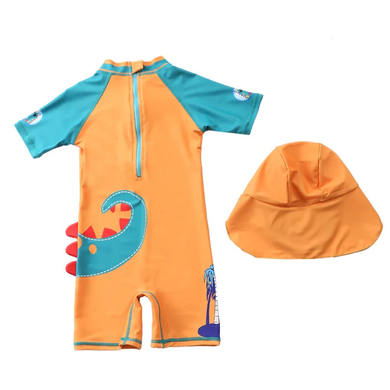 Costume da bagno intero per neonato, costume da bagno a maniche corte, simpatico cartone animato, dinosauro, con cappello da sole, protezione solare