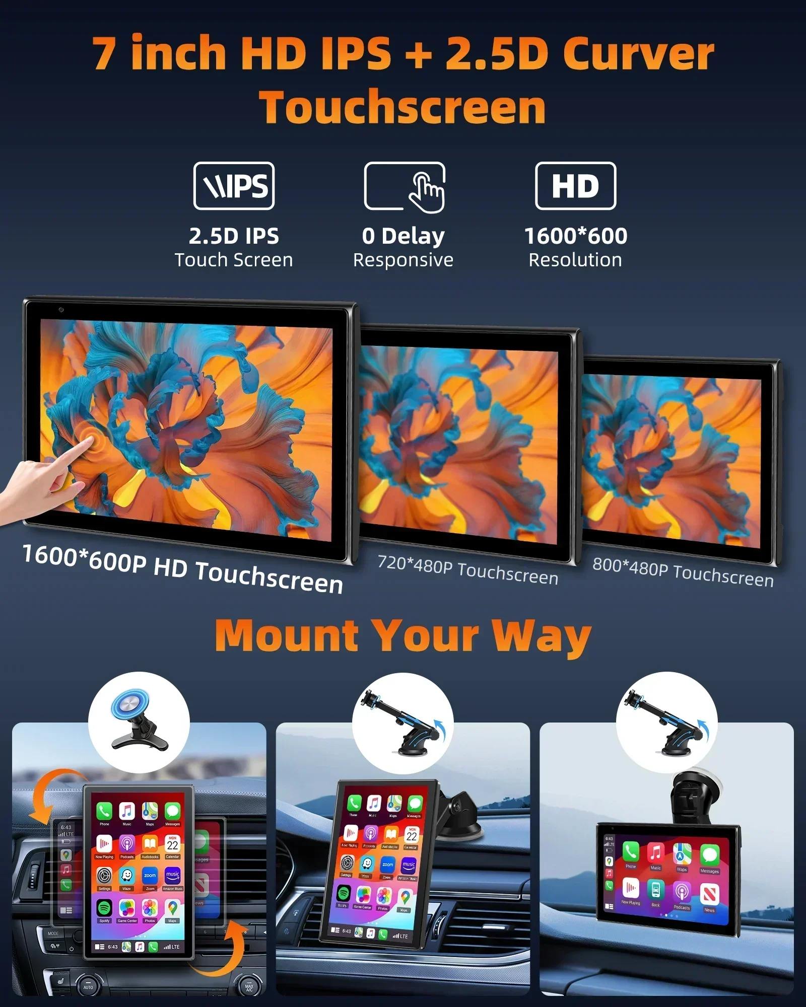 شاشة لوحة قيادة السيارة المحمولة مقاس 7 بوصات، شاشة لمس Carplay اللاسلكية، ستيريو للسيارة، نظام ملاحة GPS، منظر طبيعي بلوتوث وشاشة عمودية